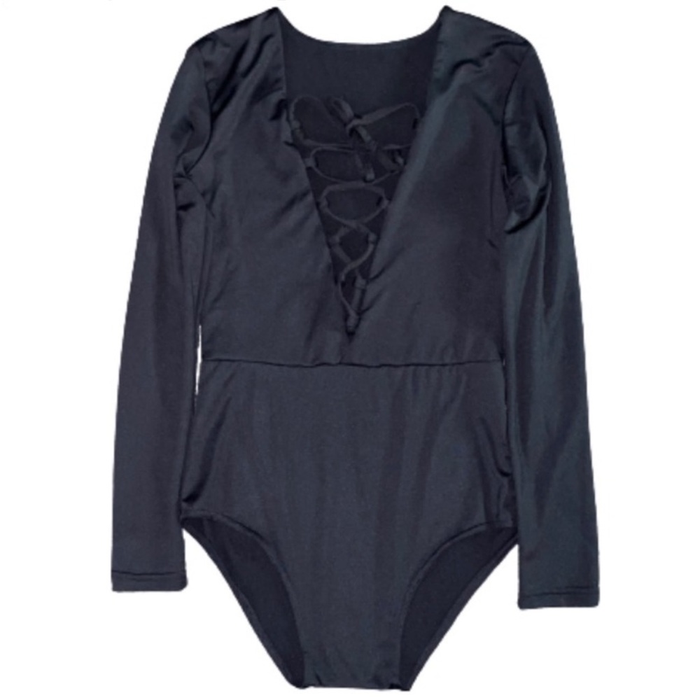 Vestidos Black  V- Neck Lace Up Front Bodysuit